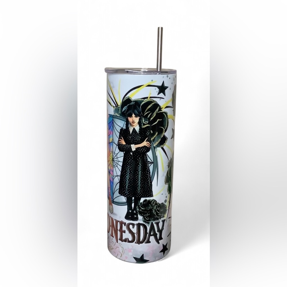 Wednesday Addams Themed Tumbler with Straw - Black and White